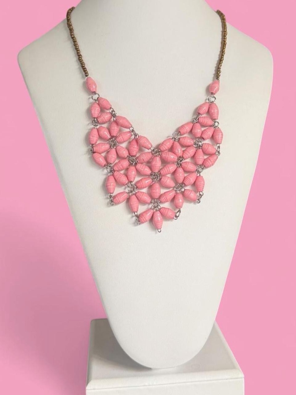 Vintage Teng Yue Pink Handcrafted Paper Bead Floral Statement Necklace